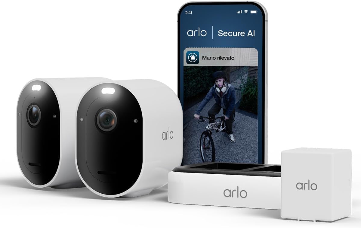 Arlo Pro 6 Telecamera WiFi Esterno Senza Fili, 2K+ HDR, rilevamento AI, visione notturna a colori, compatibile con Alexa, Prova Inclusa Secure, 2 telecamere + 1 batteria…