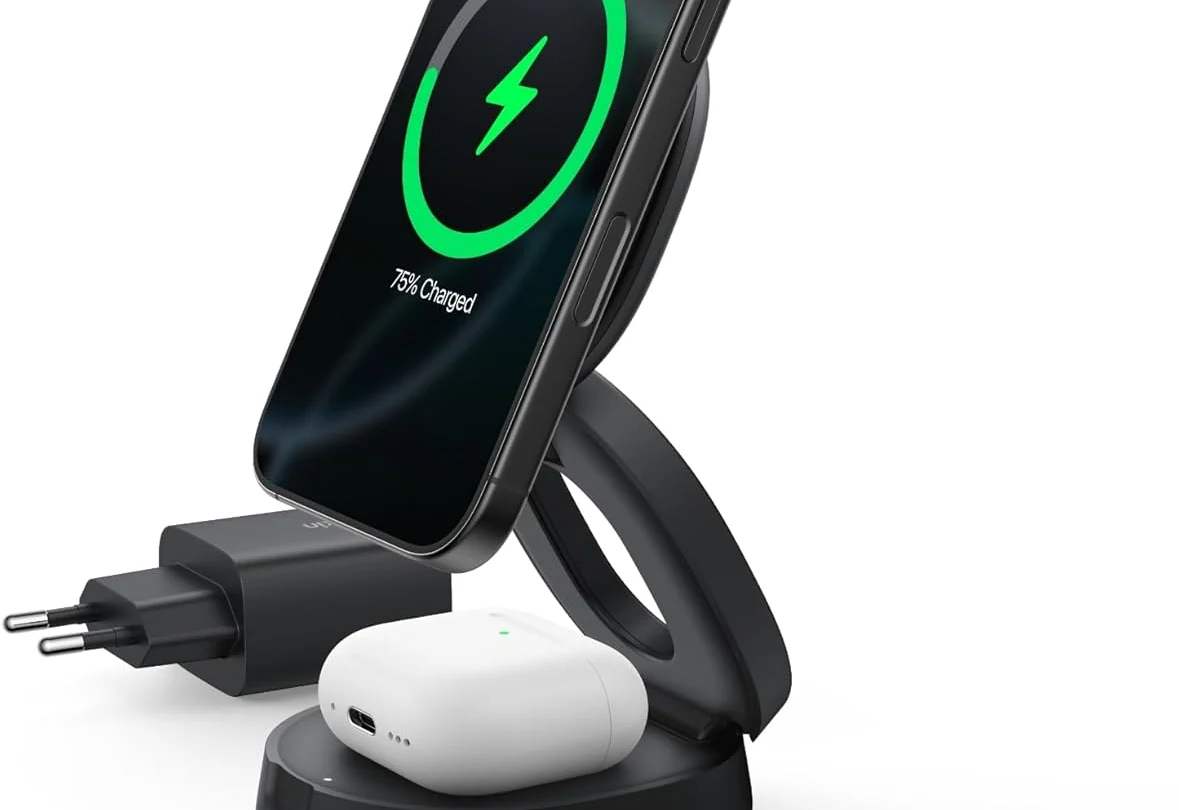 Belkin 2 in 1 Caricatore Wireless, Stazione di Ricarica Wireless 15 W, Caricatore Qi2 con MagSafe per iPhone 16 e AirPods, base piena antiscivolo, alimentatore da 30W – Nero