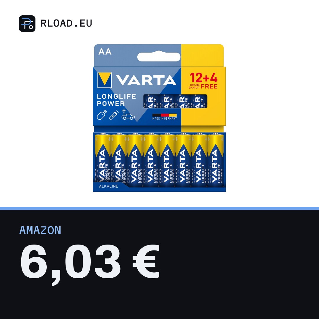 VARTA Pile AA, 12+4 (16 pezzi), Longlife Power, Alcaline, 1,5V, ideale per giocattoli, mouse wireless, torce elettriche, imballaggio riciclato al 90%, Made in Germany